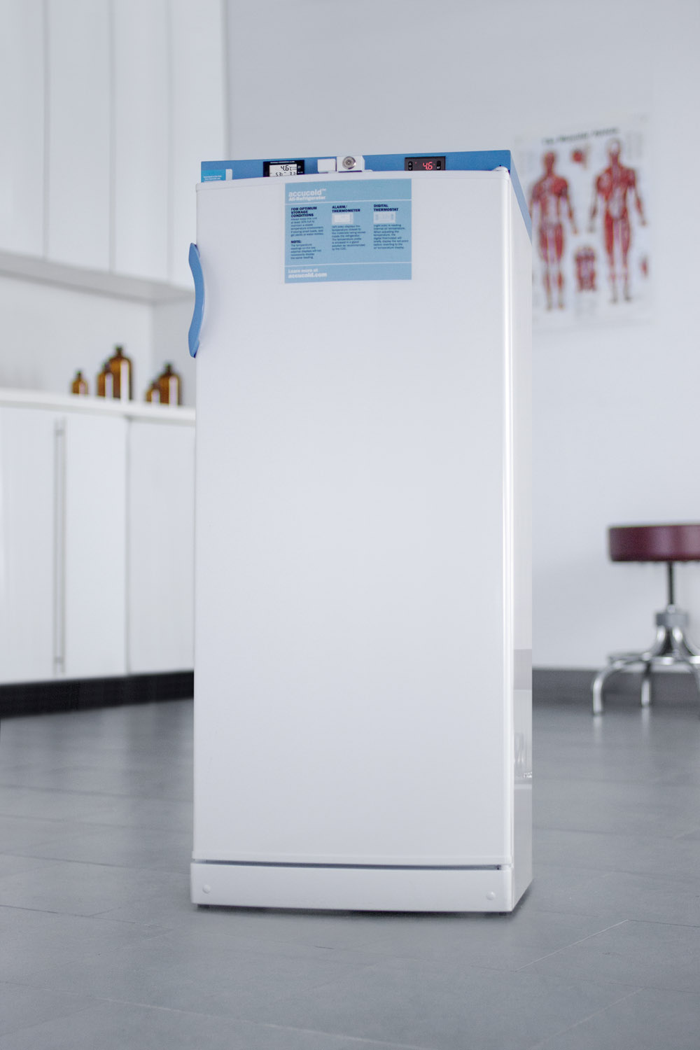 10.1 cu.ft. upright auto defrost medical/scientific all-refrigerator with digital thermostat and NIST calibrated thermometer/alarm; includes front lock, hospital grade cord, and internal fan